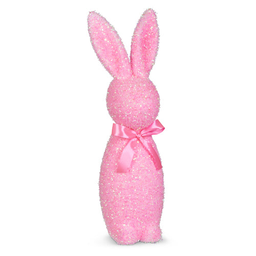 Sixteen-inch tall pink flocked bunny with iridescent glitter foam body.