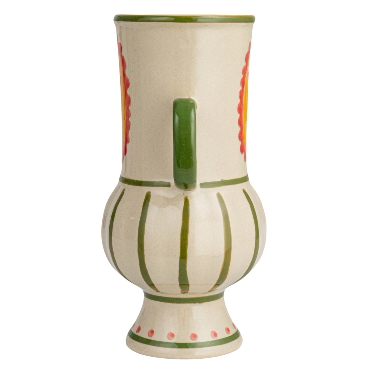 Hand-painted stoneware vase with handles in earthy tones featuring a floral silhouette.