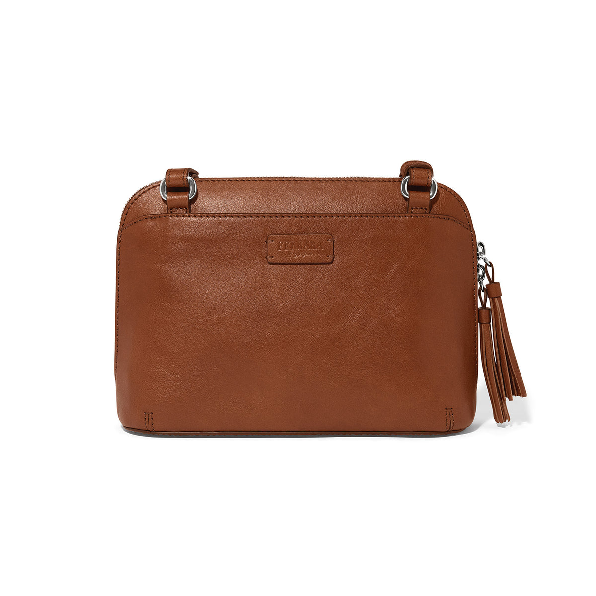Back view of the Elma Domed Organizer in russet leather with silver hardware and a tassel zipper pull