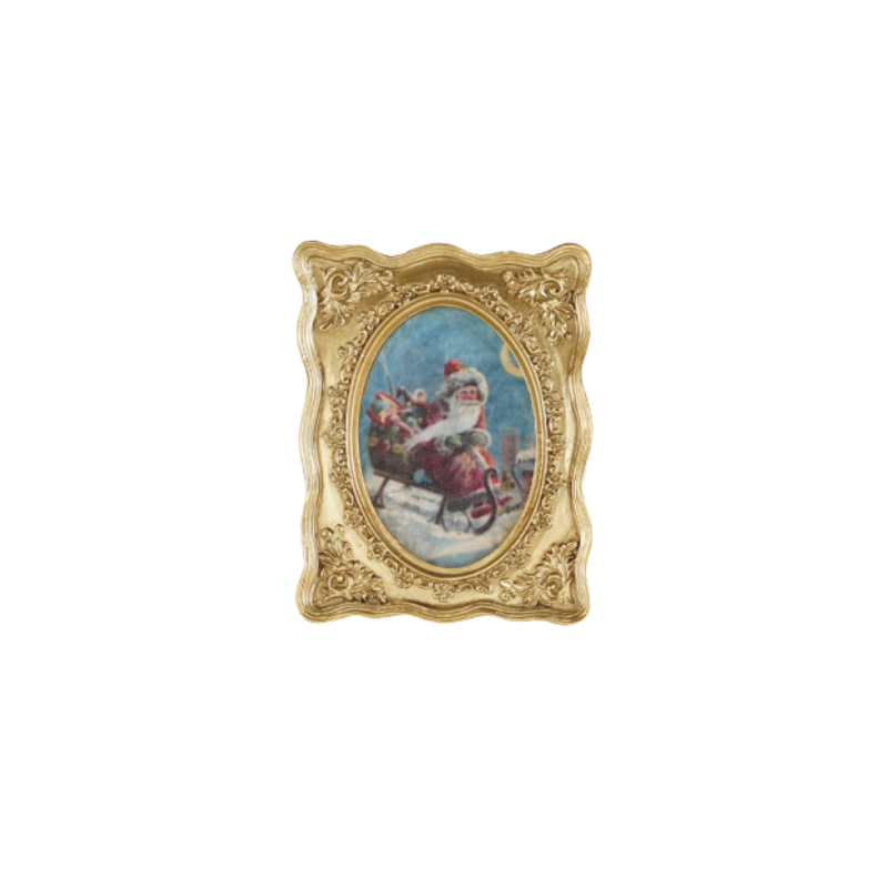 Miniature gold-finished resin frame magnet featuring a vintage illustration of Santa in a sleigh.