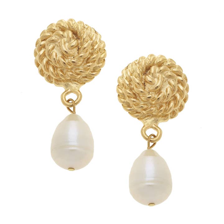 Handcast gold rope knot clip earrings with white teardrop pearl drops.