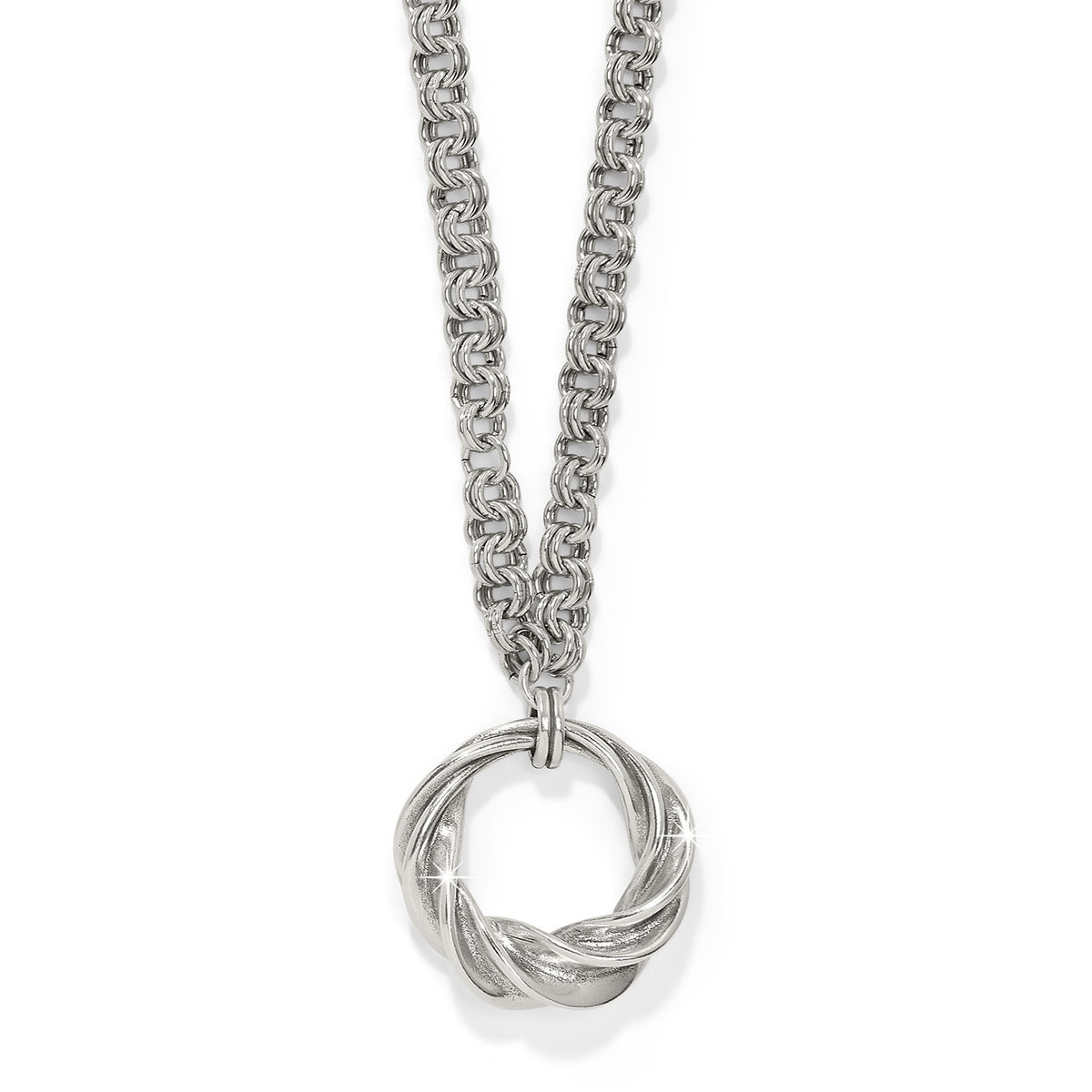 Silver plated Antica long necklace with lobster claw closure and adjustable chain.