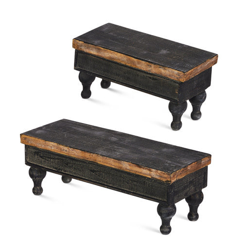 Antique Black wooden riser with vintage finish, measuring 15.75 inches long by 6 inches wide and high.