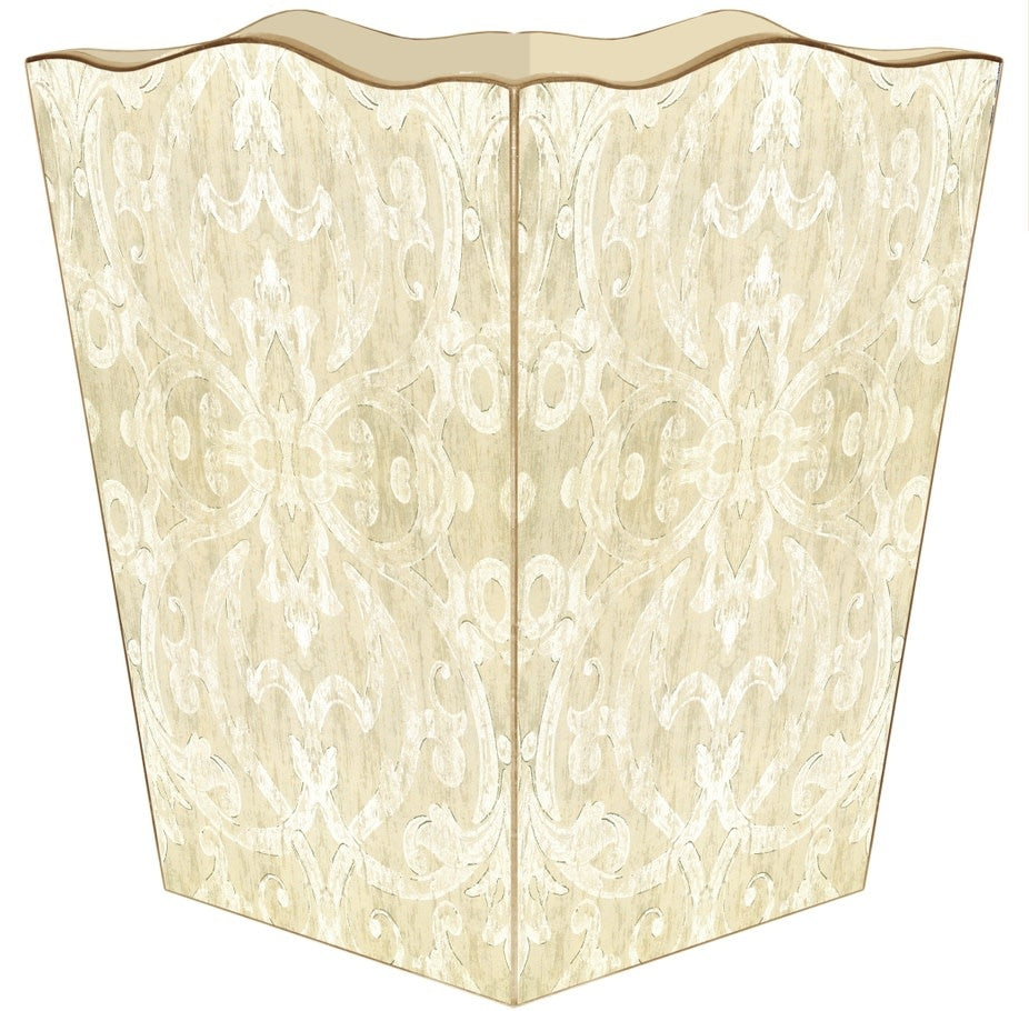 Antique gold scalloped wastepaper basket with damask pattern on water-resistant exterior.