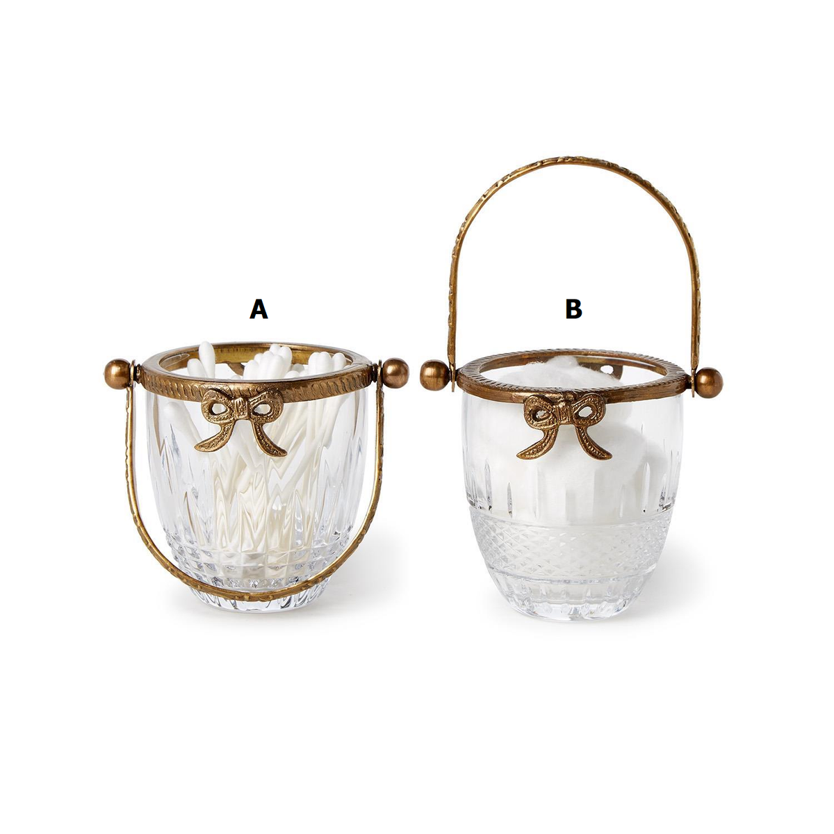 Antique gold finish glass basket with brass bow accent