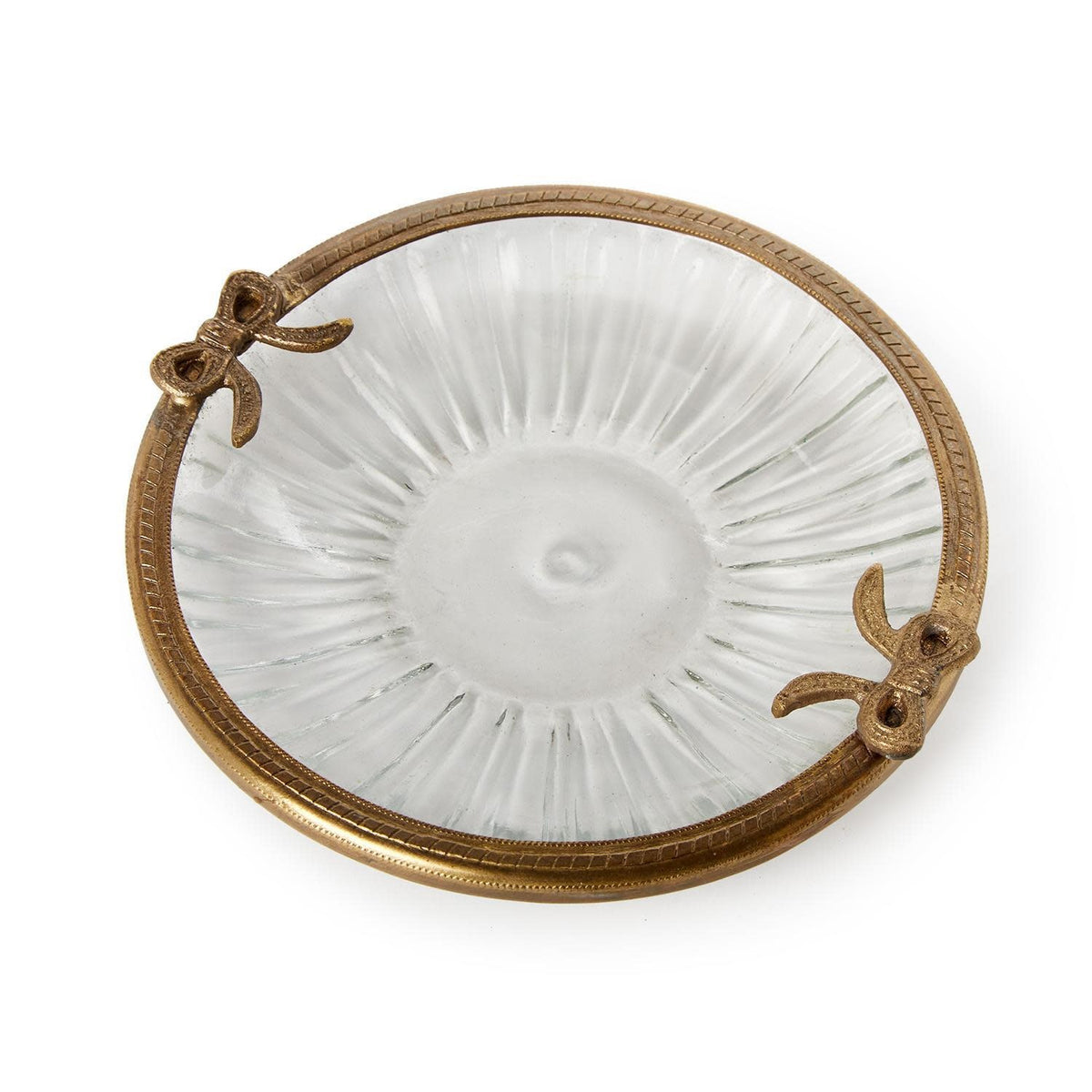 Round antique gold finish glass trinket tray with a decorative bow accent on the rim.