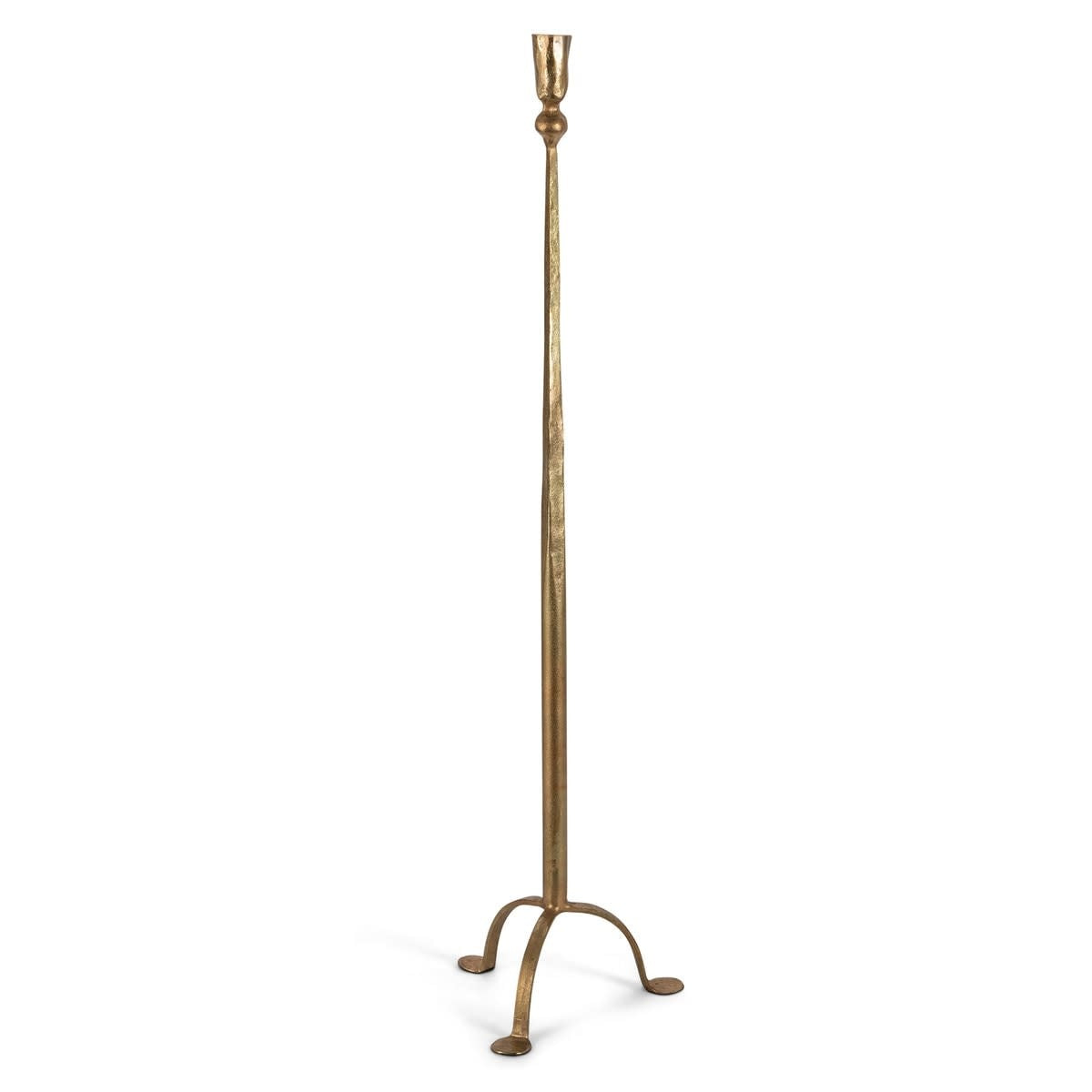 Tall matte gold iron candlestick with elongated cylindrical profile