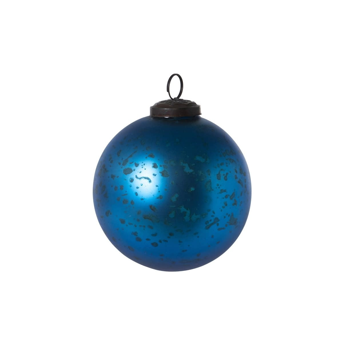 Antique matte blue glass ball ornament with a spherical shape.