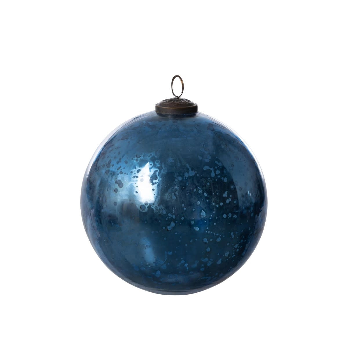 Antique shiny blue glass ball ornament with iron accents