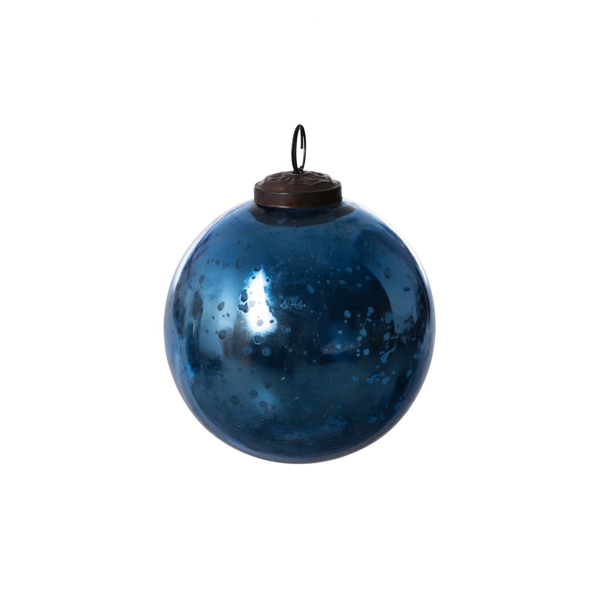 Antique shiny blue glass ball ornament with iron accents
