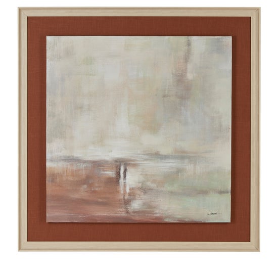 Abstract painting with muted earth tones and textured brushstrokes, framed in light wood.