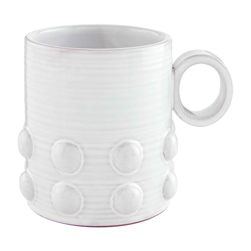 White 16 oz terracotta beaded mug with a circular handle and raised dot texture.