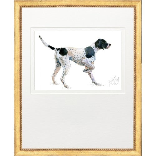 Watercolor painting of a black and white spotted hunting dog in an 18x22 gold frame.