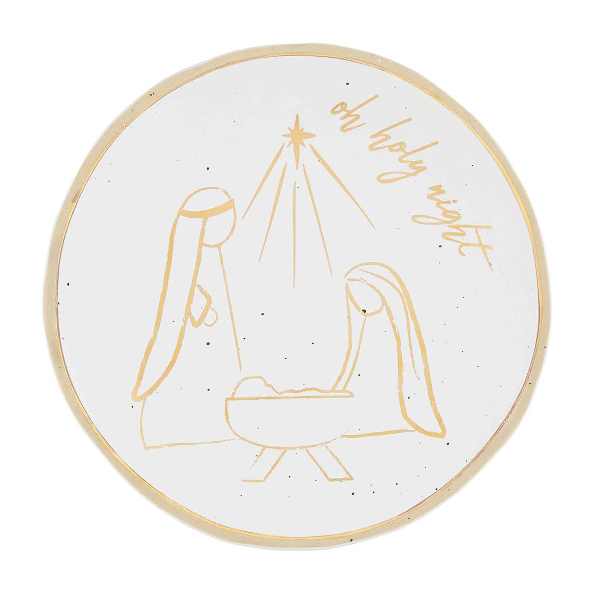 Round gold stoneware platter with nativity scene relief pattern