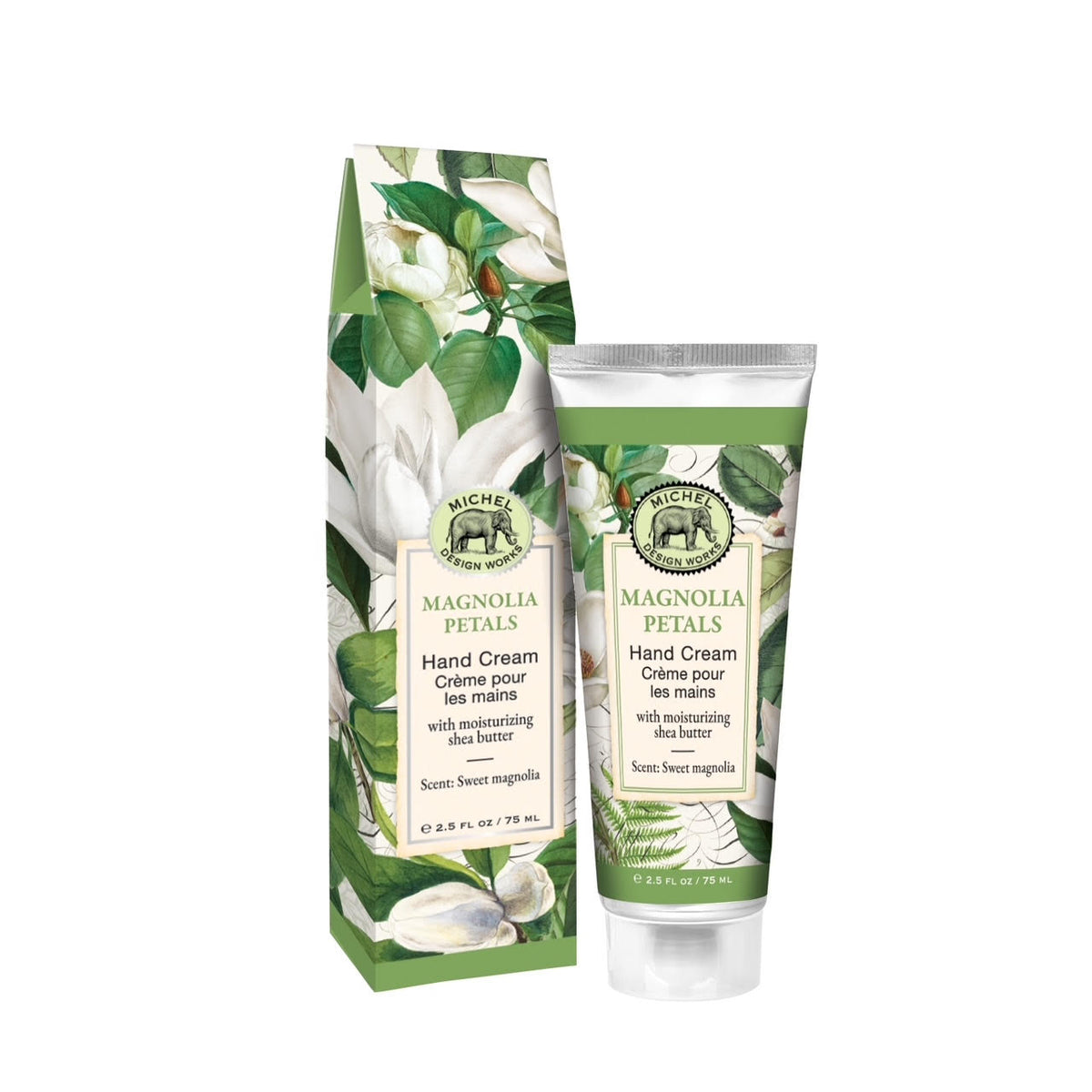 Michel Design Works Magnolia Petals hand cream tube and box with white floral pattern.