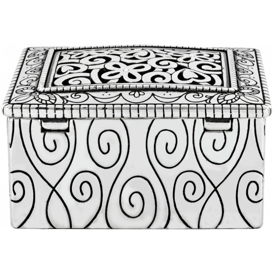 Silver plated Lacie Daisy Jewel Box with intricate floral cutout lid and scrollwork patterns.