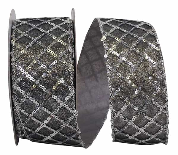 Silver Sequin Glimmer Lattice Deluxe Wired Edge Ribbon on a spool.