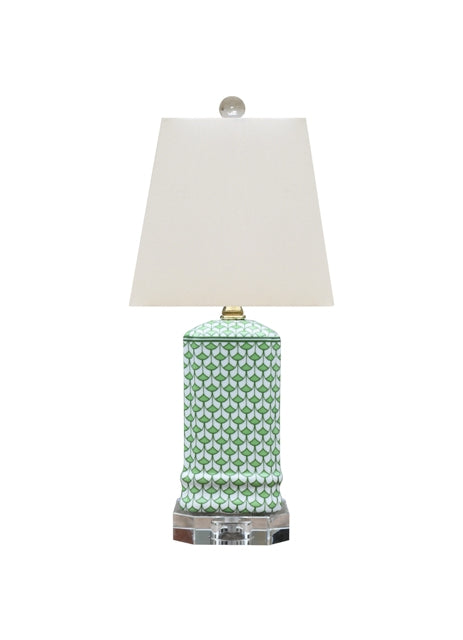 Green porcelain lamp with fish scale drum shade on crystal base