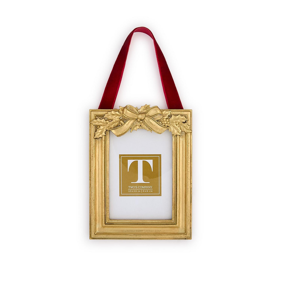 Gold holly leaf hanging photo frame ornament with a red velvet ribbon loop.