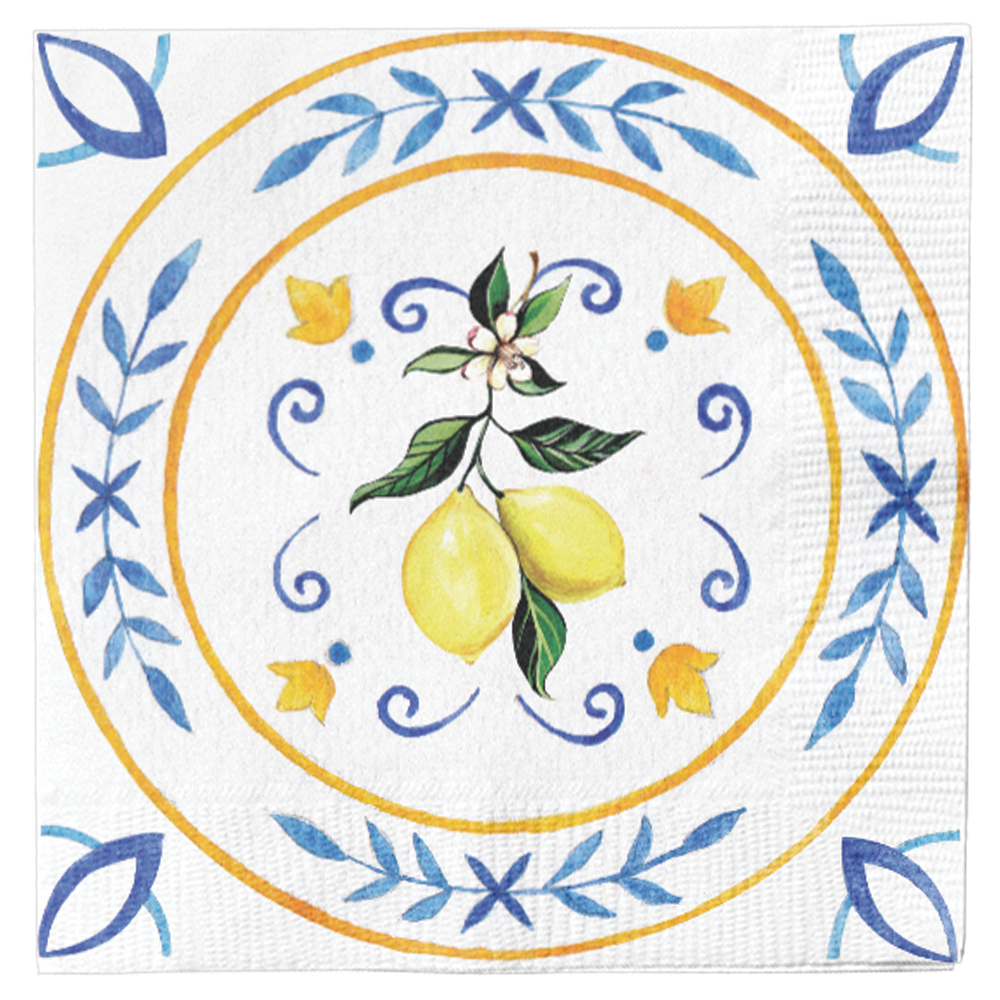 Cocktail napkin with a Mediterranean lemon design, blue floral patterns, and yellow borders.