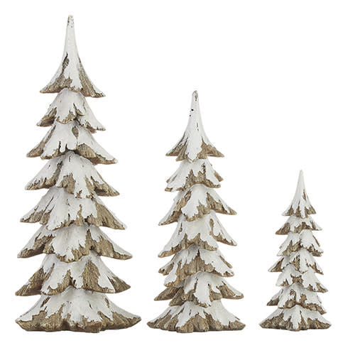 Set of three resin Christmas trees with snowy white finish in large, medium, and small sizes.