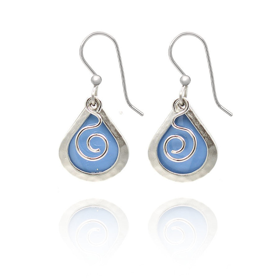 Teardrop earrings with coil drop featuring surgical steel wires and genuine Austrian crystal accents.