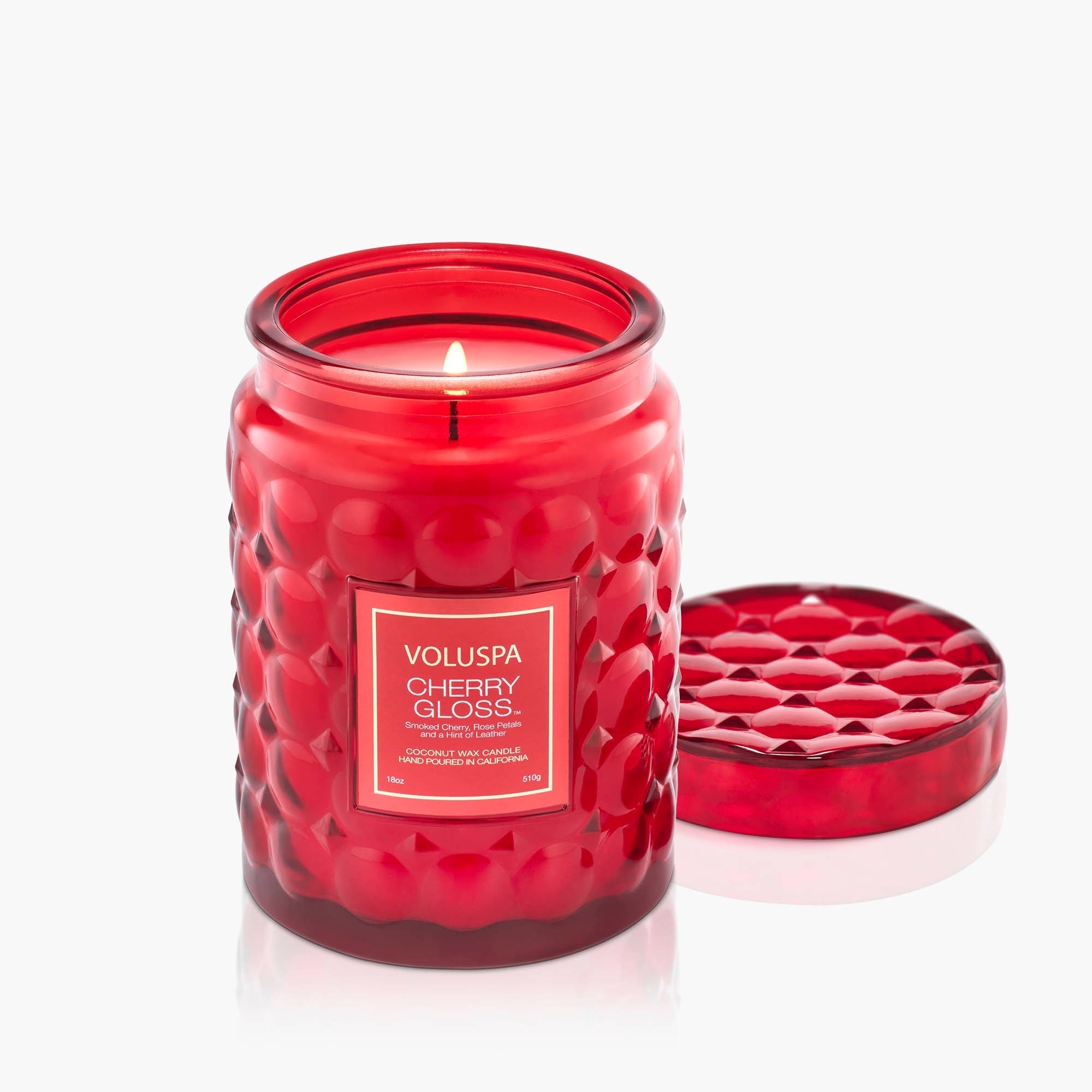 Cherry Gloss large jar candle with smoked cherry, rose petal, and leather notes.