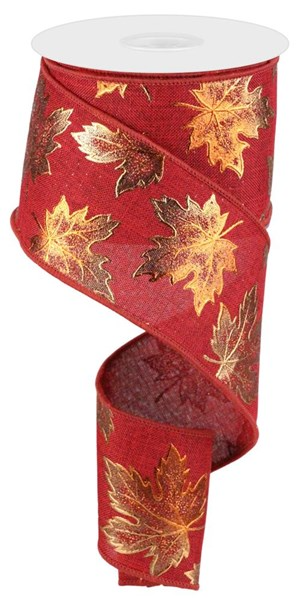 Red polyester ribbon roll featuring a metallic gold foil maple leaf pattern.