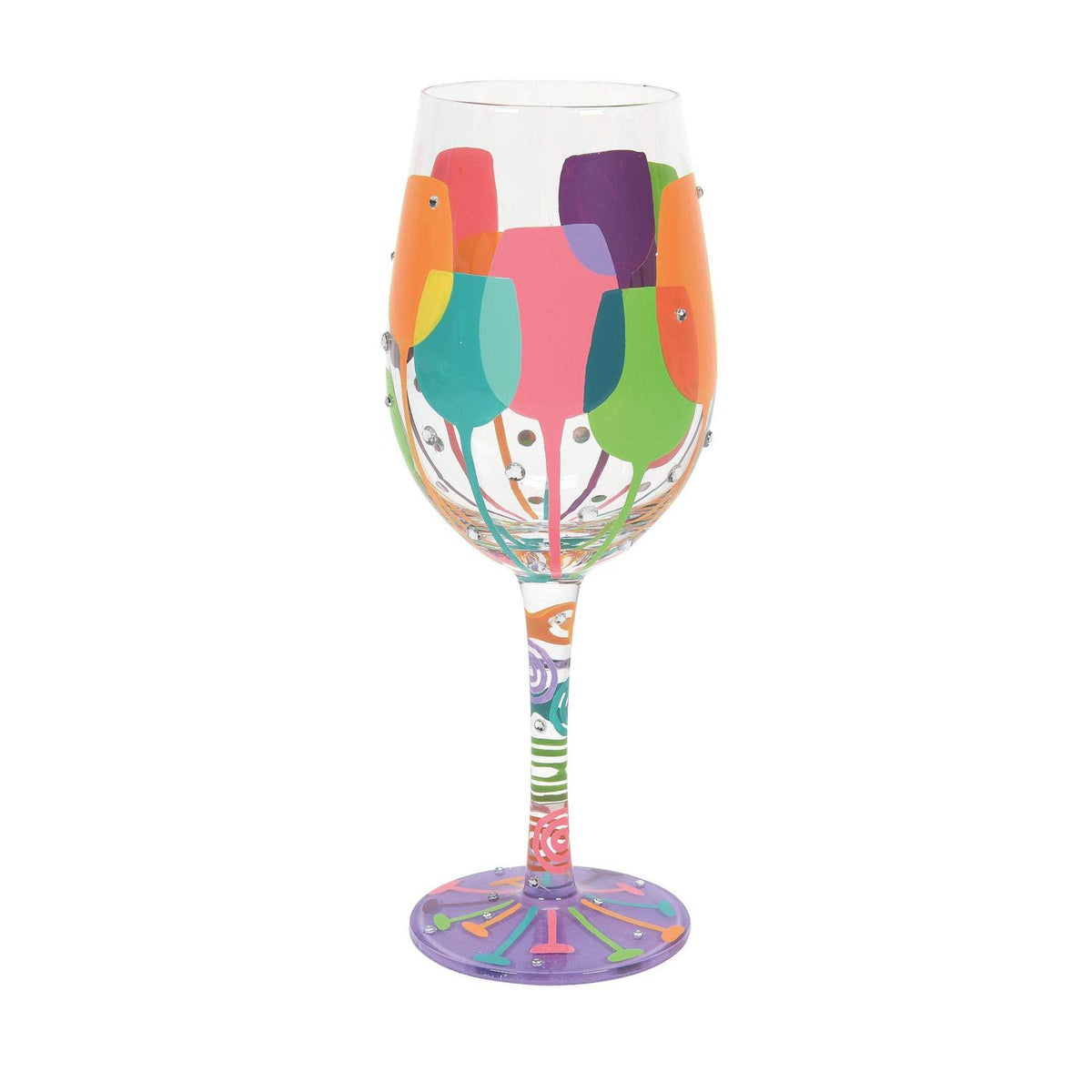 Blown glass wine glass with hand-painted colorful cocktail recipe base, glitter accents, and a festive silhouette.