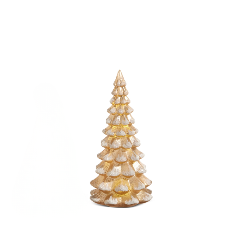 Lighted glass Christmas tree with an antiqued champagne finish and white glitter accents.