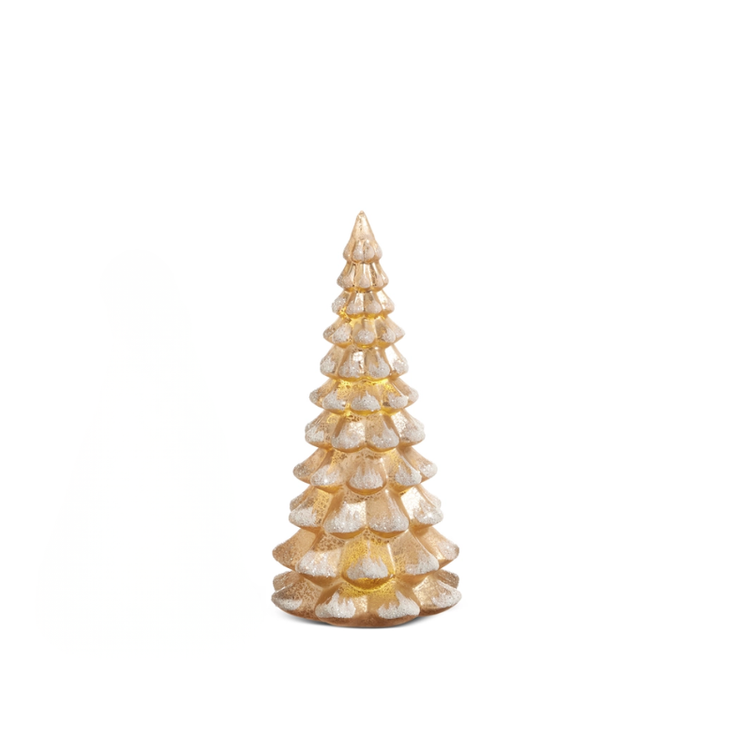 Lighted glass Christmas tree with an antiqued champagne finish and white glitter accents.