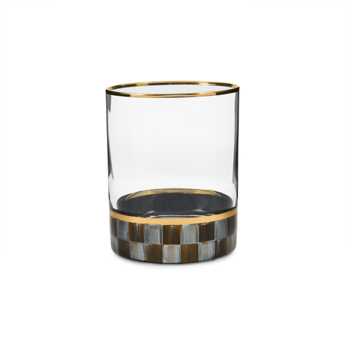 Sophisticheck Tumbler with a clear glass body, gold rim, and a black and grey checkered base.