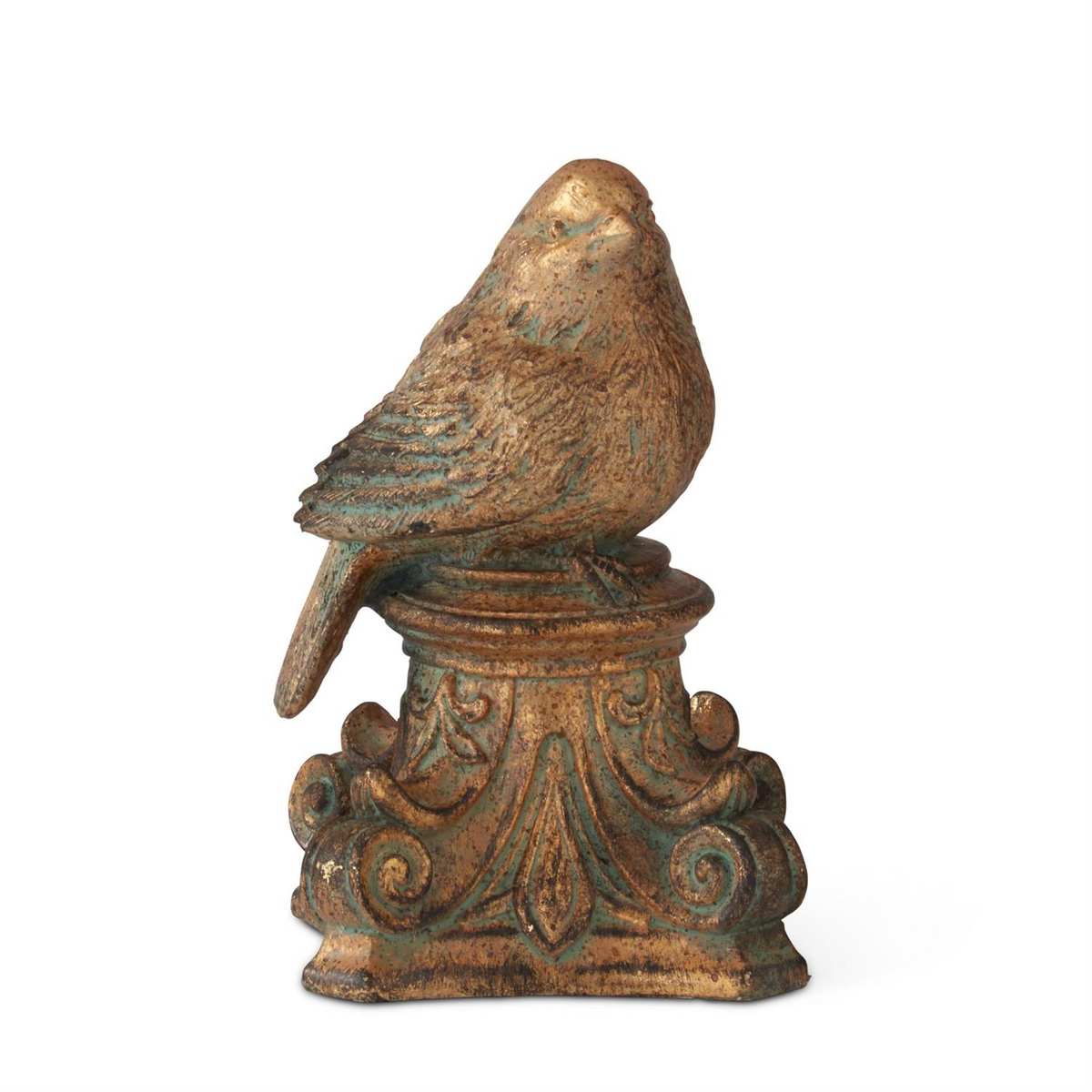7 inch gold patina resin bird figurine perched on an ornate scroll pedestal.