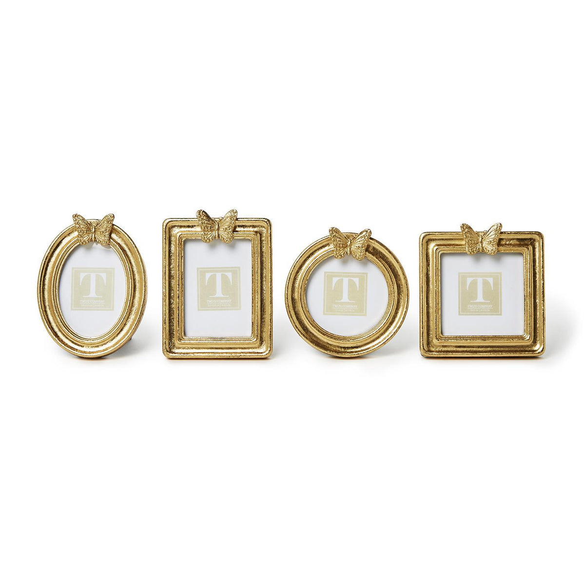 Four gold leaf finish photo frames in oval, rectangle, round, and square shapes with butterfly tops.