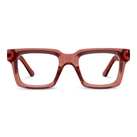 Spotlight sunglasses with chunky square frames in clear recycled polycarbonate featuring wire-core temples and blue light lenses.
