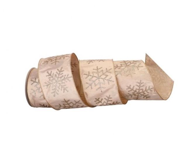 4-inch champagne gold lamé ribbon with glitter snowflake pattern, 10 yards.