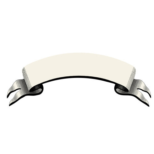 Vintage-style cream paper banner table accent with black engraved shading and swallowtail ends.