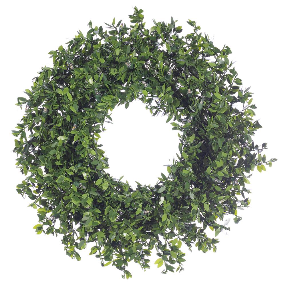 24-inch green PVC mini leaf wreath with 50 warm white LED lights.