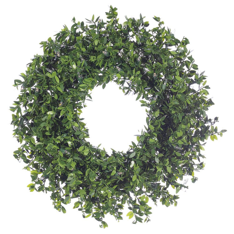24-inch green PVC mini leaf wreath with 50 warm white LED lights.