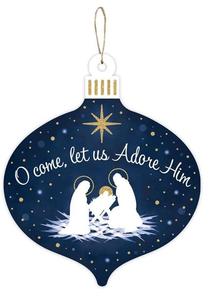 Navy blue MDF nativity sign with gold glitter stars over a white manger scene and classic Christmas hymn lyric.