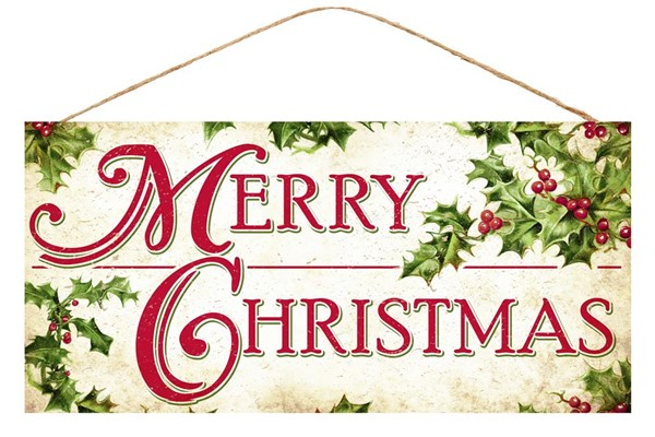 Cream MDF sign with red holly bundles and green script text reading Merry Christmas.