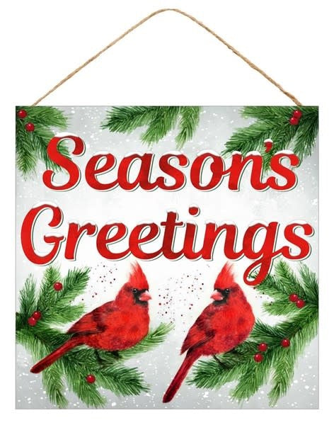 Square MDF sign featuring two red cardinals on pine branches with Season's Greetings text.
