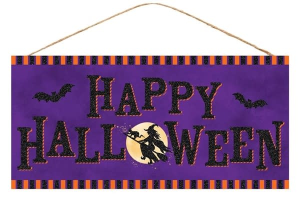 Happy Halloween MDF sign featuring a witch on a broomstick with a black cat and bats in orange, purple, black, and soft yellow.