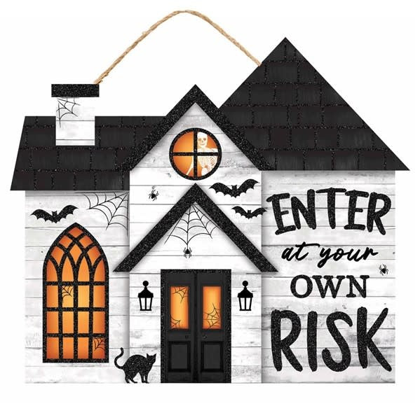 Grey MDF Halloween house sign featuring bats, ghosts, a black cat, spider webs, and the text 'Enter At Your Own Risk'.