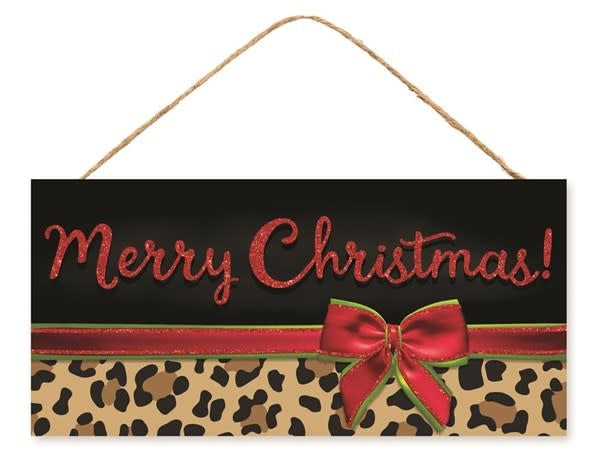 Leopard print MDF sign with red bow reading Merry Christmas