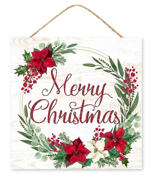 Square white MDF sign with Merry Christmas in red glitter script surrounded by a floral wreath.