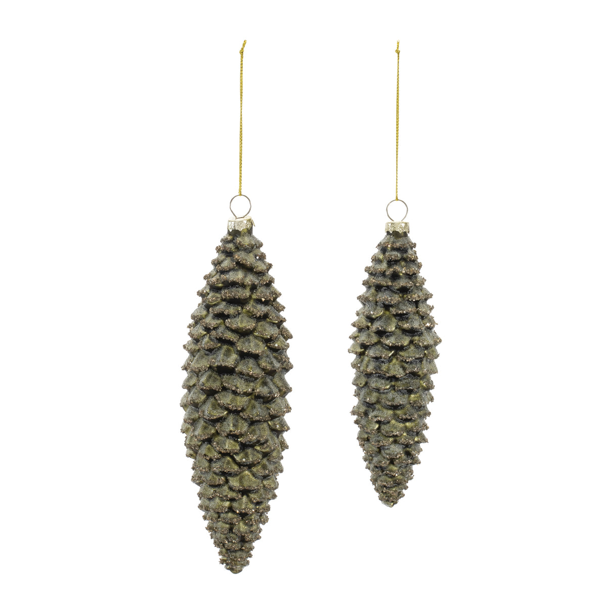 Textured glass pine cone Christmas ornament with a glittery green finish and gold hanging string.