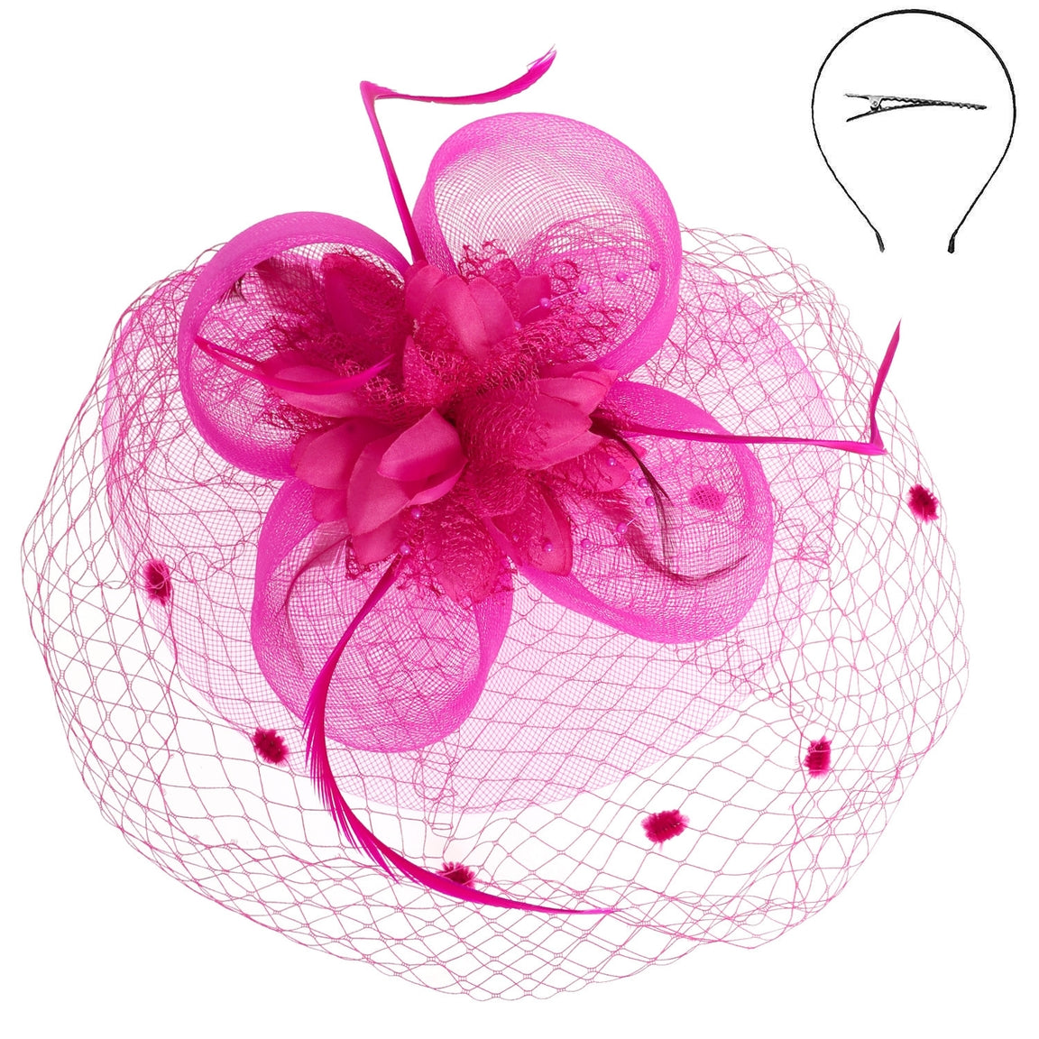 Round floral feathered fascinator with sheer mesh veil attached to a clip headband.