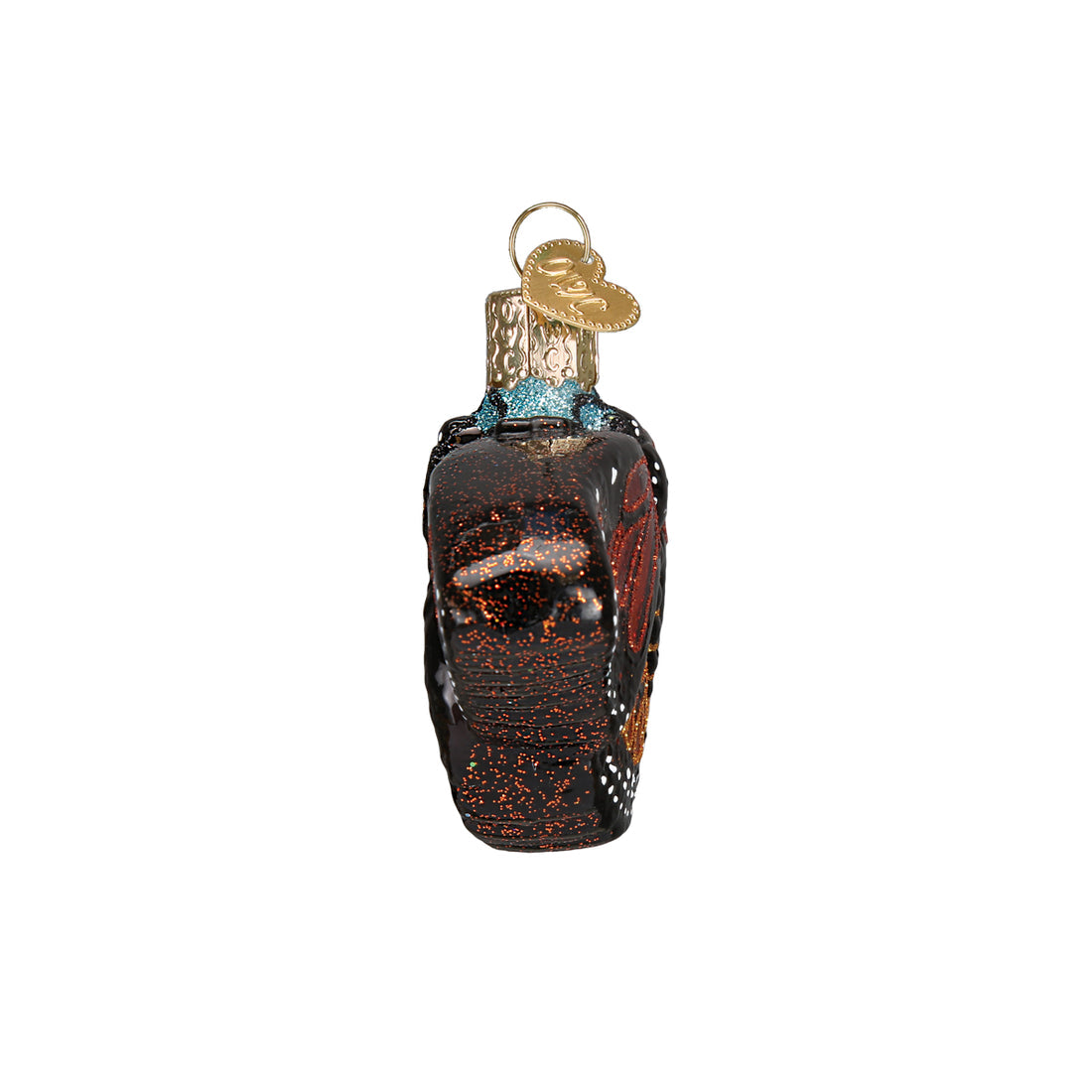 Side view of a glass Monarch Butterfly Ornament with black glitter and a gold heart charm.