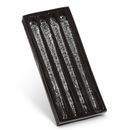Set of four 9-inch clear glass icicle ornaments in a black display box.